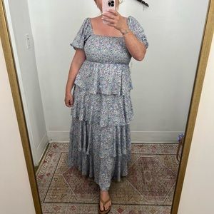 Tiered floral dress with elastic top and puff sleeve